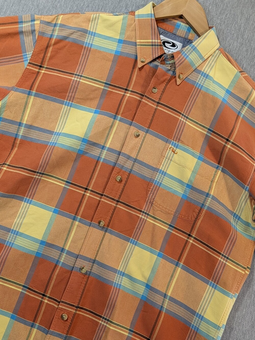 Roper Western Plaid Button Shirt Men's Large Orange Yellow Cotton Short Sleeve